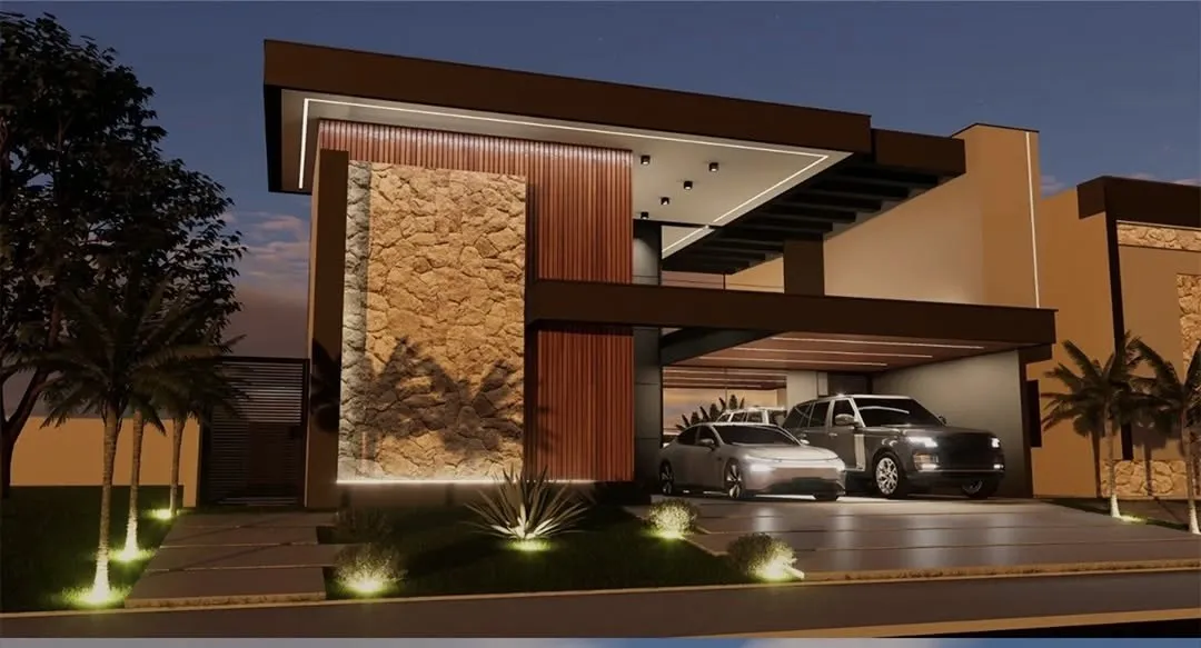 Fachada de casa com pedra e madeira, iluminada à noite